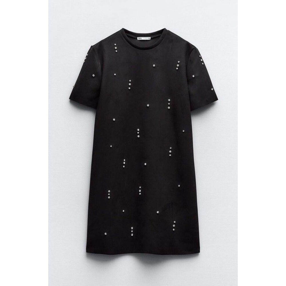 Zara Women Faux Suede Black Mini Dress Short Sleeve Rhinestones Large 1058/620